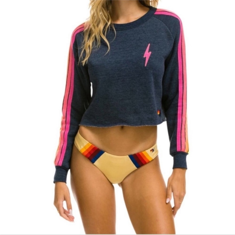 Aviator Nation ⚡️ Cropped Crewneck Sweatshirt with Neon Stripes XL NAVY BLUE